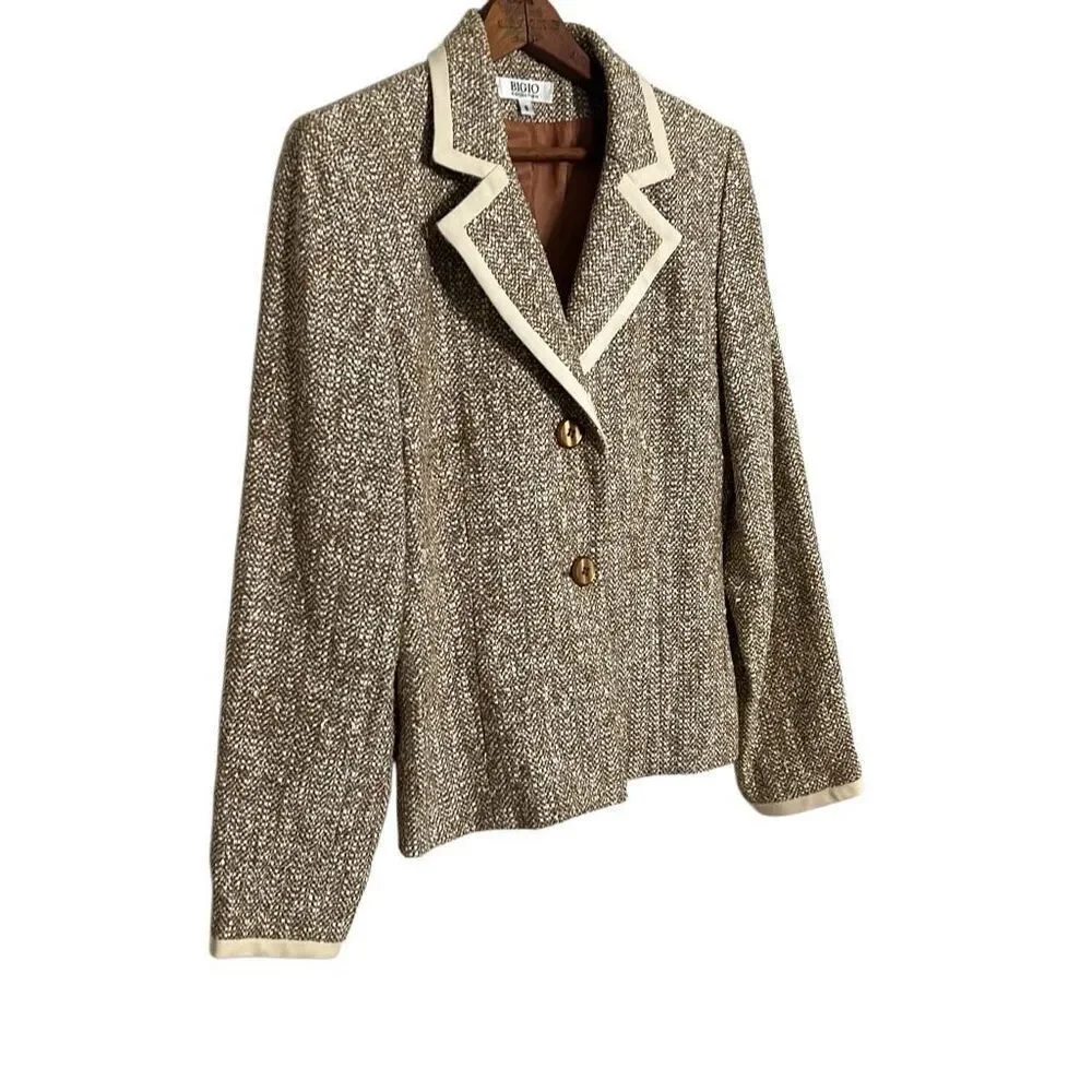Bigio Collection Tweed Two Button Notch Lapel Fully Lined Blazer Tan‎ Size 8